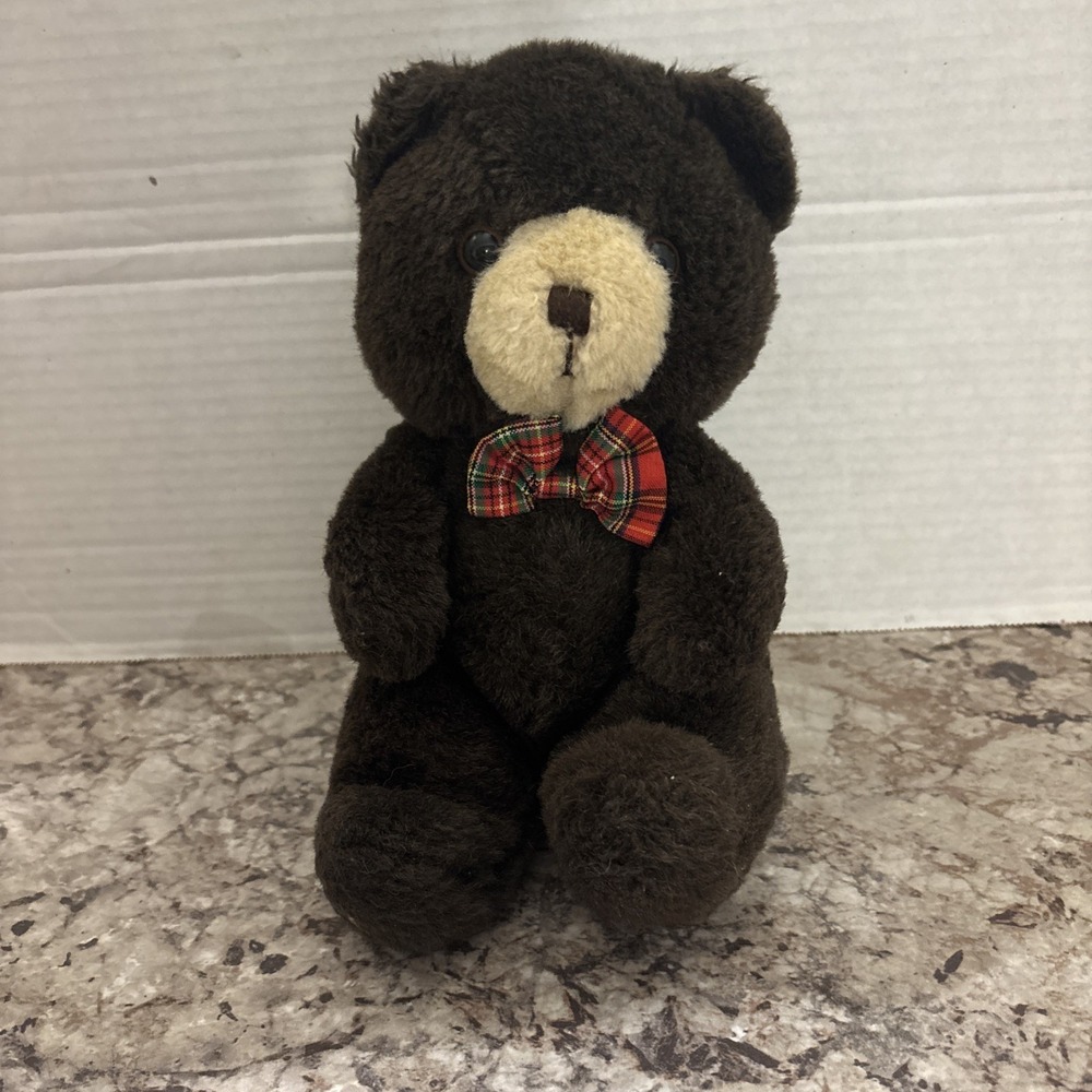 Vintage Cuddle Wit Dark Brown Teddy Bear Plush Toy 1996 Stuffed Bear Plaid Tye